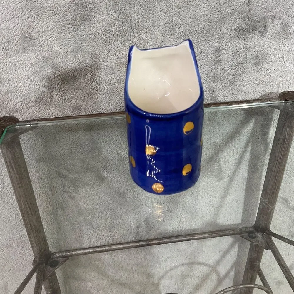 Bird Can Fox for Anthropologie Ceramic Cat-Shaped Vase Brush pen holder blue/gld